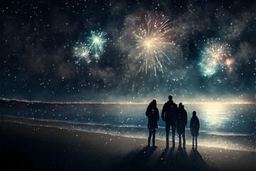 People celebrating new year, sea background
