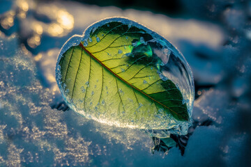 Frozen water drop on a leaf winter close-up. Generative art