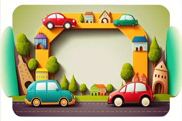 Frame background autumnal city with cars on the roads. Card for kids birthday. Generative ai illustration