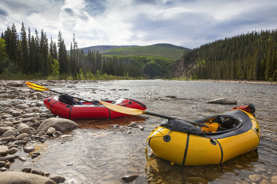 Two pack rafts rest on shore on the Charley River in summer, Yukon&ndash;Charley Rivers National Preserve; Alaska, United States of America
