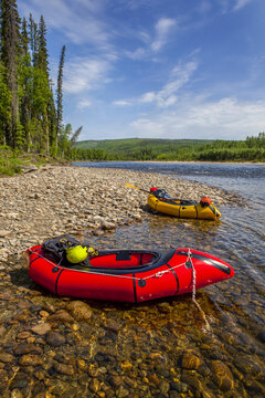 Two pack rafts rest on shore on the Charley River in summer, Yukon&ndash;Charley Rivers National Preserve; Alaska, United States of America