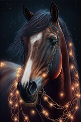 Horse with Christmas lights, glowing animal, Christmas decorations portrait illustration, studio shot generative ai art, black background