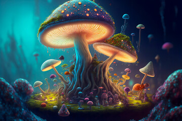 Magical Mushrooms Glowing in Enchanted Fairy Tale Dreamy Elf Forest at Night made with Generative AI