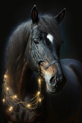 Fototapeta premium Horse with Christmas lights, glowing farm animal, Christmas decorations portrait illustration, studio shot generative ai art, black background