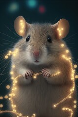 Little mouse with Christmas lights, glowing animal, Christmas decorations portrait illustration, studio shot generative ai art, black background