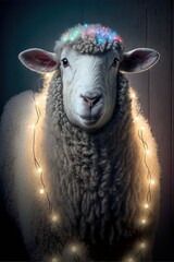Sheep with Christmas lights, glowing farm animal, Christmas decorations portrait illustration, lamb studio shot generative ai art, black background