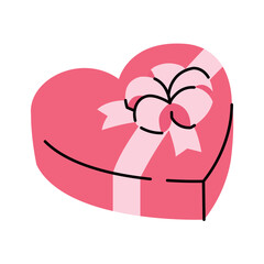Heart-shaped box of chocolates. Pink romantic gift with ribbon for someone special. Vector flat cartoon illustration. Dessert isolated on whte. 