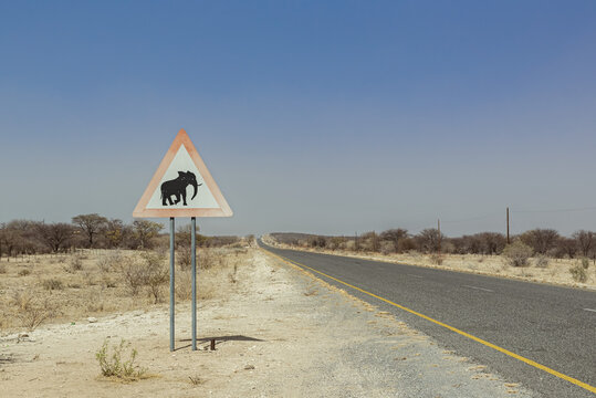 Elephants warning sign on a roadside; Namibia