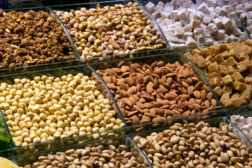 Dried nuts, Turkish delights are sold over the counter. The best options for those who want to eat healthy food.