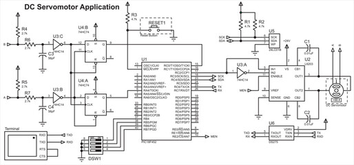 Vector electrical schematic diagram of an electronic 
device with a servo motor, external eeprom memory, 
trigger chips, logic gates. The circuit operates under 
the control of a microcontroller. - obrazy, fototapety, plakaty