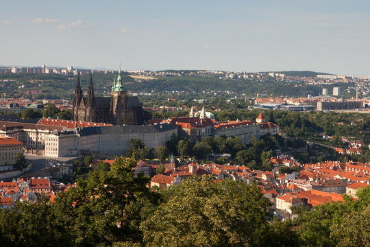 A view of Prague Castle and the Prague cityscape from Petrin Hill.; Prague, Czech Republic