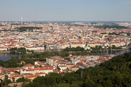 A view of the Prague cityscape and Vltava River from Petrin Hill.; Petrin Hill, Prague, Czech Republic