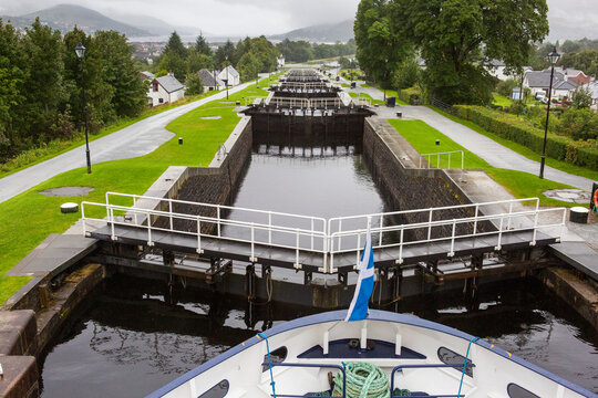 A ship begins the descent of Neptune's Staircase along the Caledonian Canal in Banavie, Scotland; Banavie, Scotland