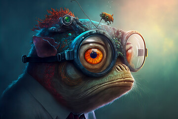 Sad Frog Fiction Character with Large Orange Eyes, Glasses and Wearing a Blue Shirt made with Generative AI