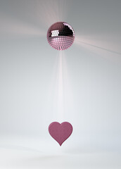Valentine's Day pink heart invitation with sparkling disco dance mirror glitter ball, on white studio background. Bright, sophisticated and high-resolution image for print and screen.
