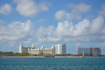 Fototapeta premium Azure blue water of Caribbean sea, Aruba coastline, 2022.