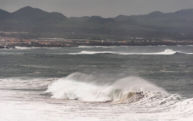 Rough sea during a winter storm near Ribeira Grande, in the northern side of Sao Miguel island. Azores archipelago, Portugal.