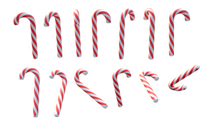Christmas candy sticks in various directions on transparent background 3d rendering

