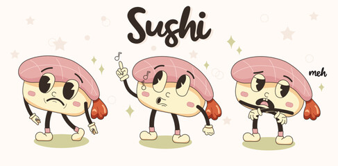 Sushi set illustration in retro cartoon style, sushi lettering. Different Sushi mascot characters 