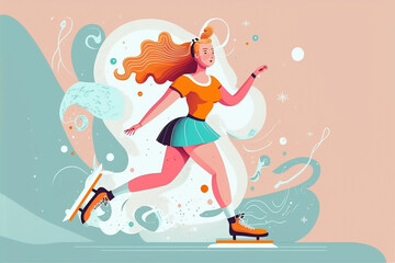 Young woman ice skating, cartoon illustration.
