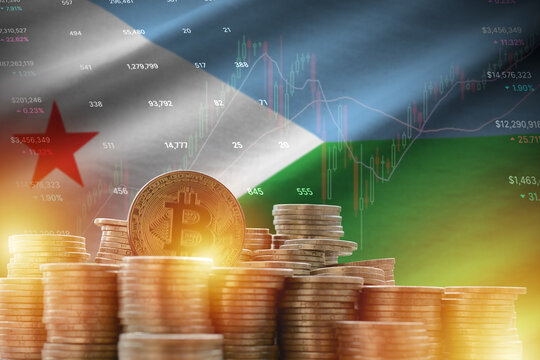 Djibouti flag and big amount of golden bitcoin coins and trading platform chart. Crypto currency concept