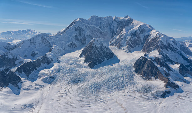Aerial photo of Kluane National Park, with snow covered mountains making up the landscape. Mount Vancouver is seen here; Haines Junction, Yukon, Canada