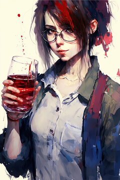 anime girl drinking wine 