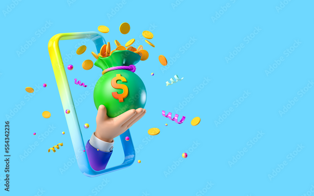 Fototapete minimal background for online wins and payments concept. hand, money bag and coins with smartphone o