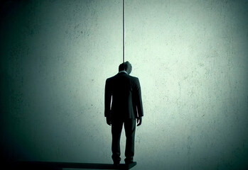 Businessman hanged himself in his office. Concept of depression due to problems at work.