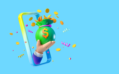 Minimal background for online Wins and payments concept. Hand, money bag and coins with smartphone on blue background. 3d rendering illustration. Clipping path of each element included.