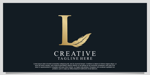 Golden letter L with unique feather combination logo design Premium Vector