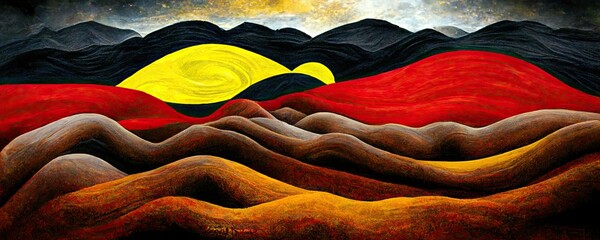 Australian Aboriginal dreamtime creation of Australia by a rainbow serpent, its mountains rivers, trees and people, Aboriginal religion and culture, concept illustration - obrazy, fototapety, plakaty