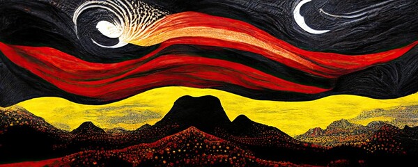 Australian Aboriginal dreamtime creation of Australia by a rainbow serpent, its mountains rivers, trees and people, Aboriginal religion and culture, concept illustration