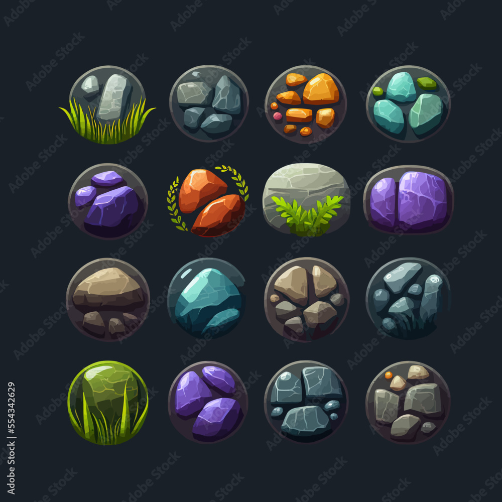 Poster stone vector button set, gui ui rock frame game asset. isolated on a black background. cartoon vecto