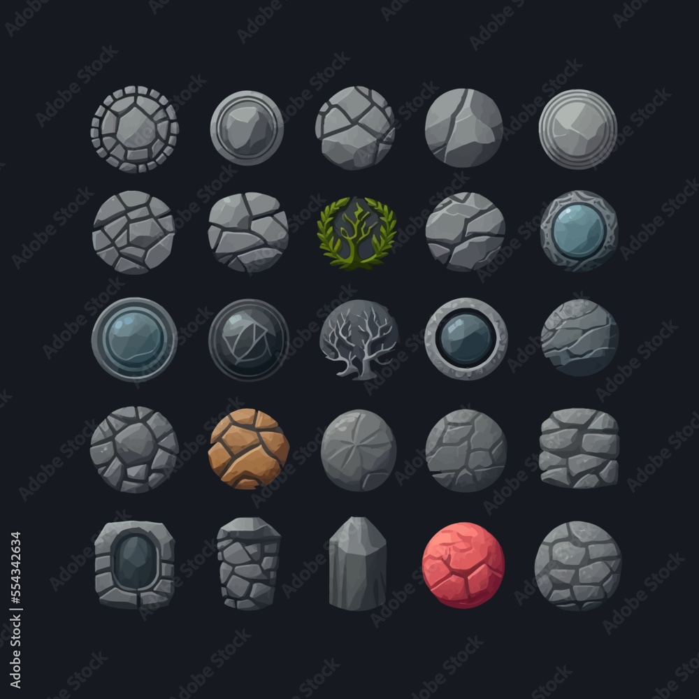 Poster stone vector button set, gui ui rock frame game asset. isolated on a black background. cartoon vecto