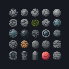 Stone vector button set, gui UI rock frame game asset. Isolated on a black  background. Cartoon vector illustration - obrazy, fototapety, plakaty