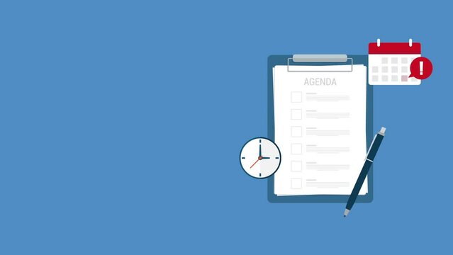 Agenda list on clipboard. Meeting agenda. Reminder with a event list and schedule. Presentation with memo.	