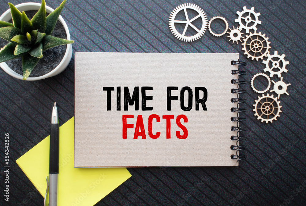 Poster notepad with text time to facts with a pen,office tools and graphs on desktop.
