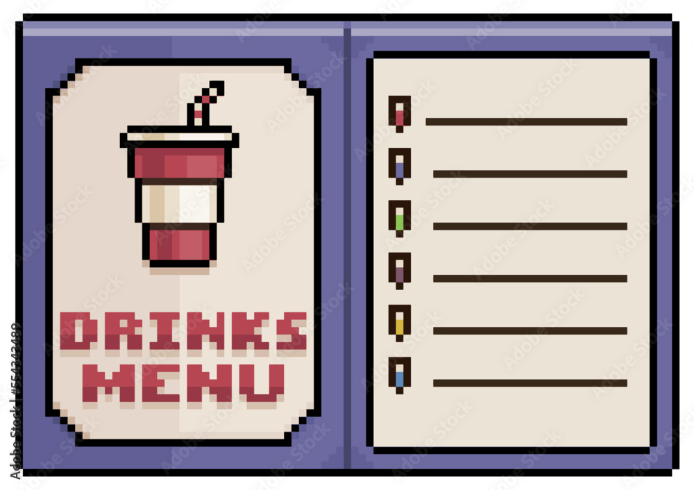 Poster pixel art drink menu, open paper menu vector icon for 8bit game on white background