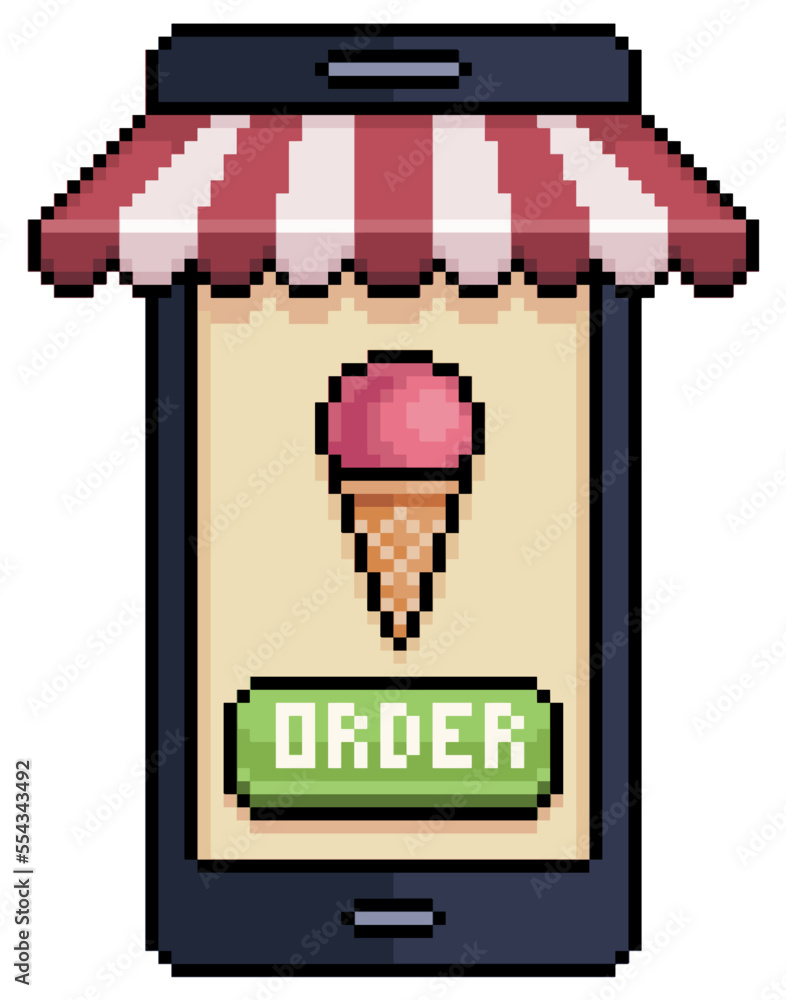 Poster pixel art mobile phone ordering ice cream in food app vector icon for 8bit game on white background