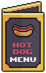 Pixel art hot dog menu, paper menu vector icon for 8bit game on white background
