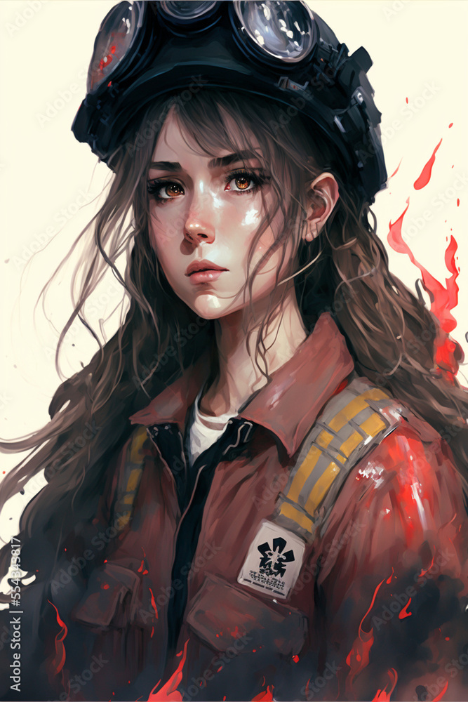 Canvas Prints anime girl in modern firemen uniform