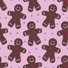 Seamless pattern with gingerbread man and stars on a pink background. Cute cartoon Christmas cookies vector illustration. For wrapping paper, scrapbooking, textile, fabric