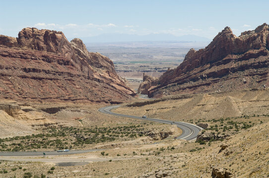 Road winding through the San Rafael River upwellings; Green River, Utah, United States of America