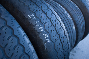 Row of old tires showing close-up of tread; Lake Placid, Florida, United States of America