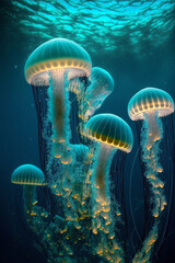 Fototapeta na wymiar fluorescent jellyfish - Generative AI