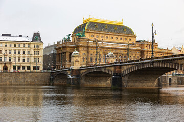 Snowy Prague Old Town with National Theatre, Czech Republic