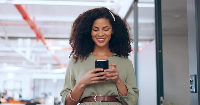 Business phone, office and black woman in smile for networking, online negotiation or email communication feedback on sales. Happy corporate employee using phone or smartphone mobile app in workspace