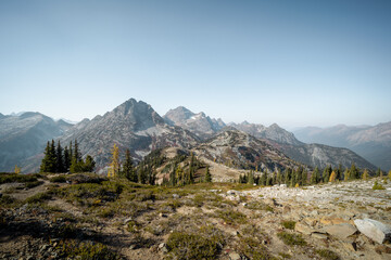 High mountain peak and range at the top of maple pass hike in north cascades national park in...