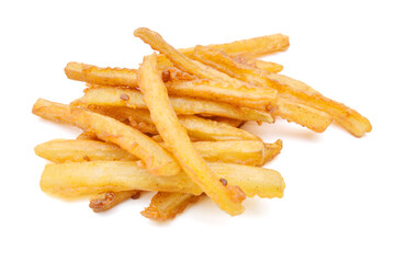 Homemade oil fried sweet potato fries on white background 